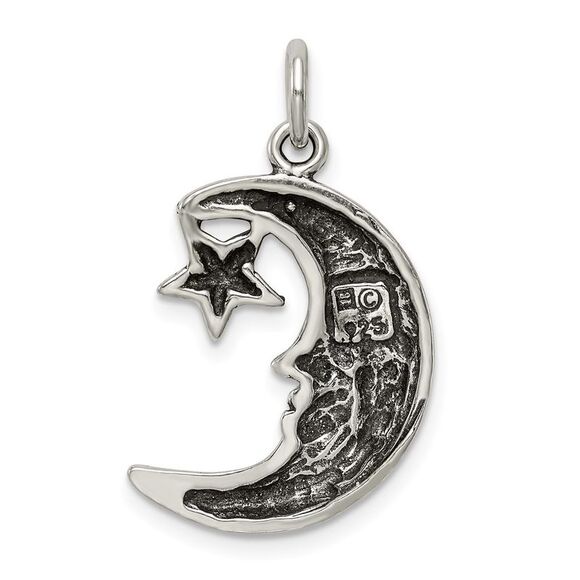 Sterling Silver 2D Antiqued Crescent Moon and Star Pendant - Picture 3 of 5